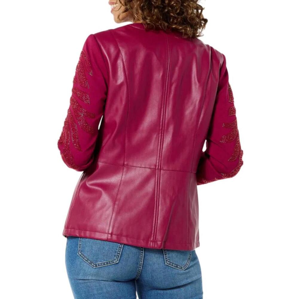 Colleen Lopez Beaded Mesh Sleeve Faux Leather Moto Jacket Size XS - Picture 2 of 8